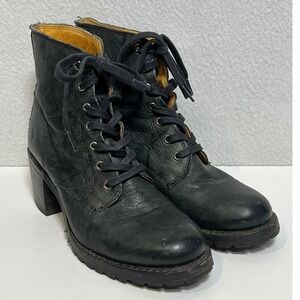 Frye Sabrina 6G Dark Green Leather Lace Up Combat Lug Sole Block Heel Boots 9.5